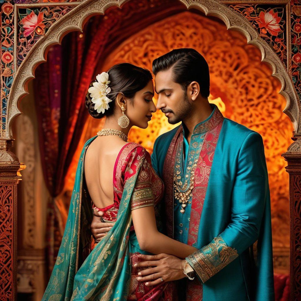 A captivating blend of traditional Indian motifs and modern erotic elegance, showcasing silhouettes of a couple intertwined amidst vibrant colors of rich textiles and patterns. The image should evoke sensuality while respecting cultural heritage, featuring intricate jewelry and traditional attire. The background could include elements like peacock feathers and lotus flowers to symbolize beauty and desire. This artwork should fuse realism with a touch of dreamy surrealism. vibrant colors. intricate details. surrealism.