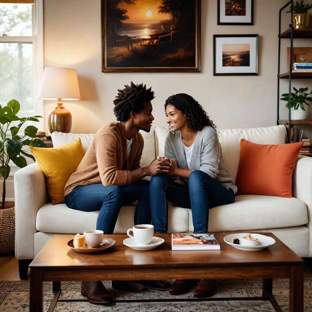 A warm, inviting setting featuring a diverse couple sitting together in a cozy living room, sharing a heartfelt conversation. Surround them with soft lighting, comfortable furniture, and personal items that reflect their journey together. Include subtle symbols of intimacy and connection, like intertwined hands and a cup of tea. The atmosphere should exude warmth, trust, and empowerment. super-realistic. warm tones. cozy ambiance.